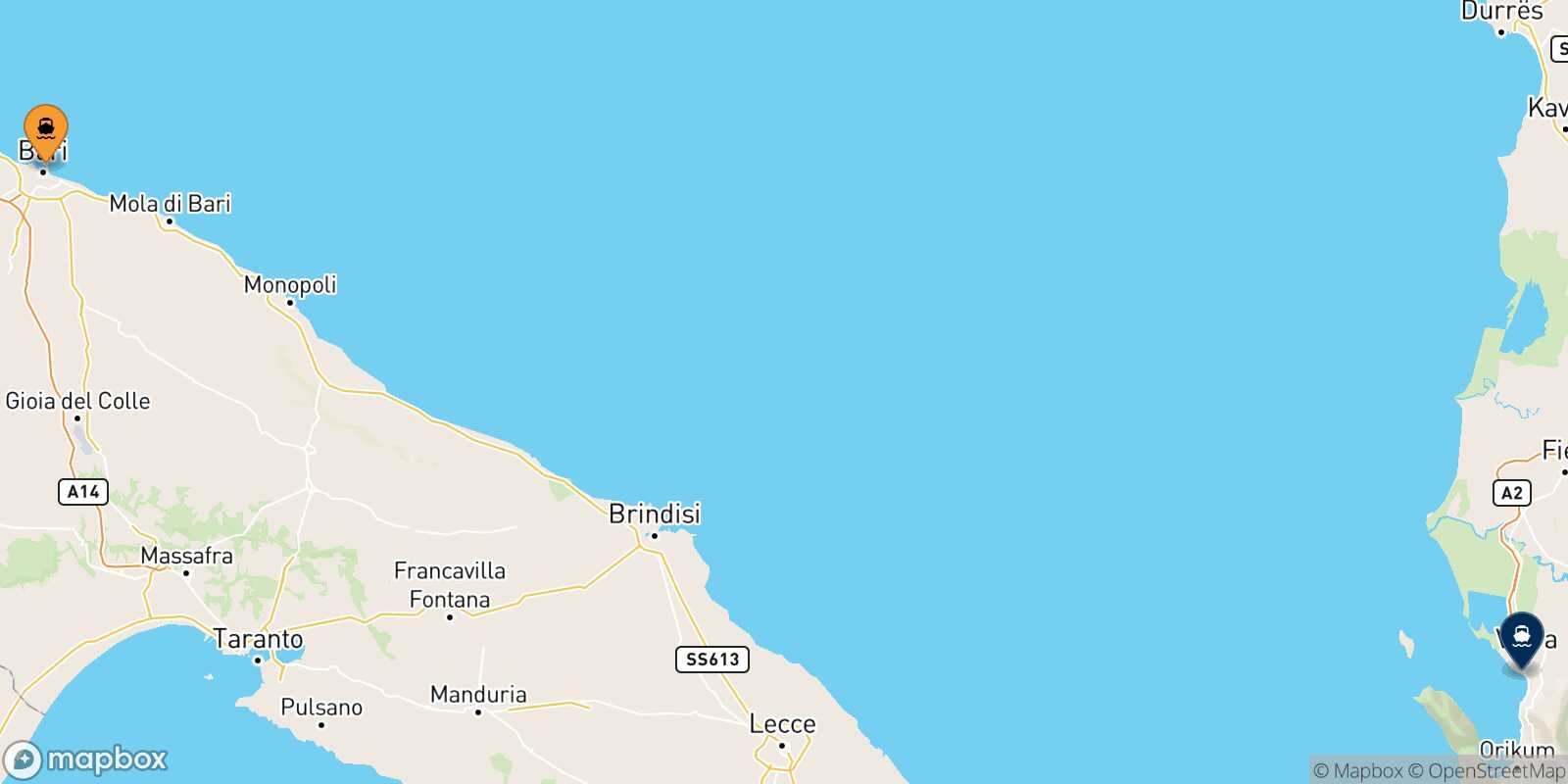 Mapa de la ruta Bari Vlore