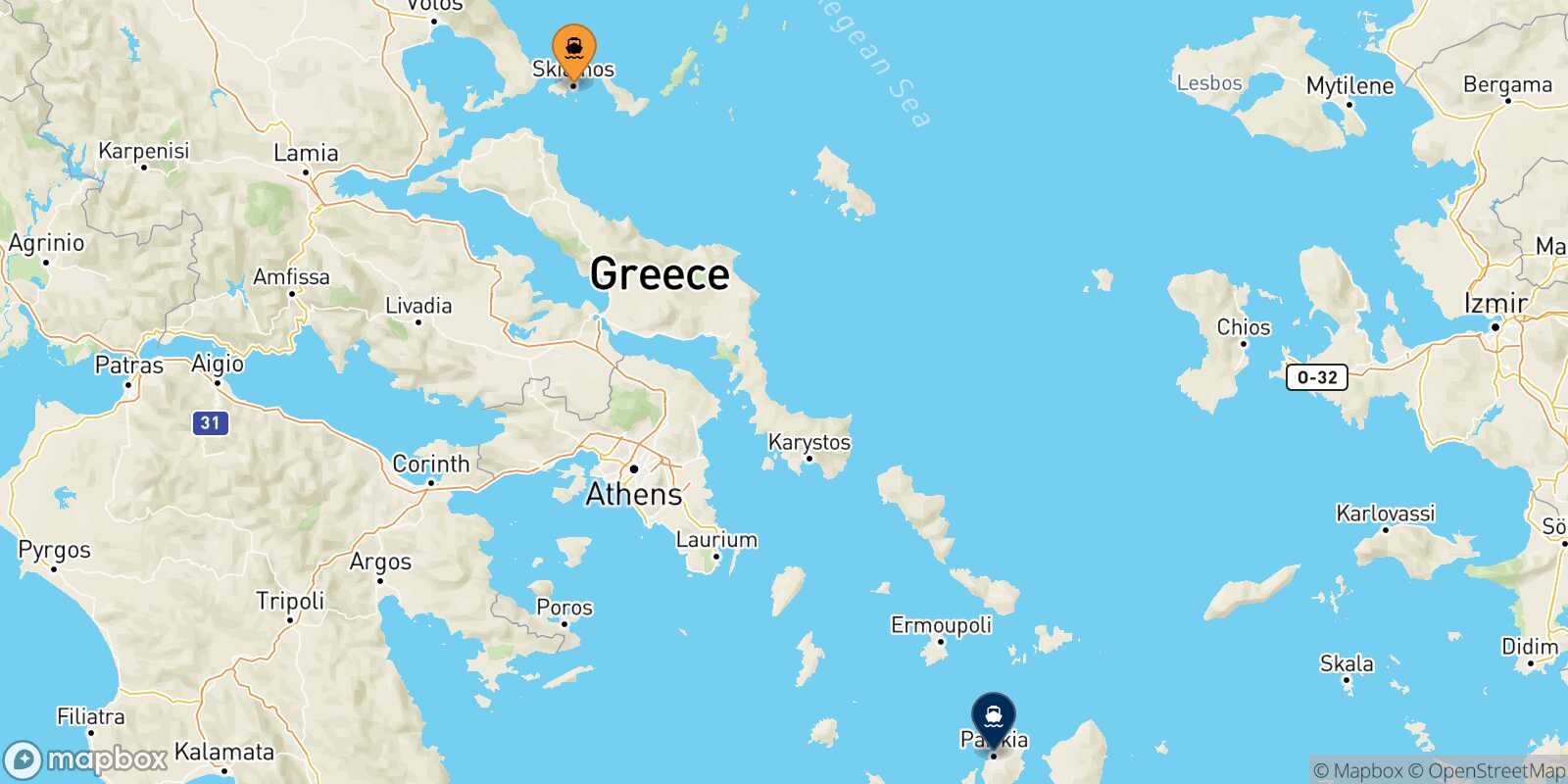 Mapa de la ruta Skiathos Paros
