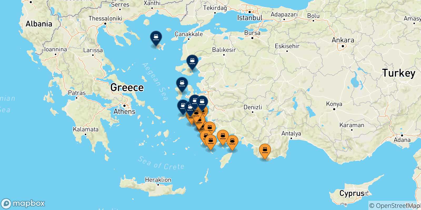 Mapa de las posibles rutas entre Dodecaneso y  Islas Del Egeo