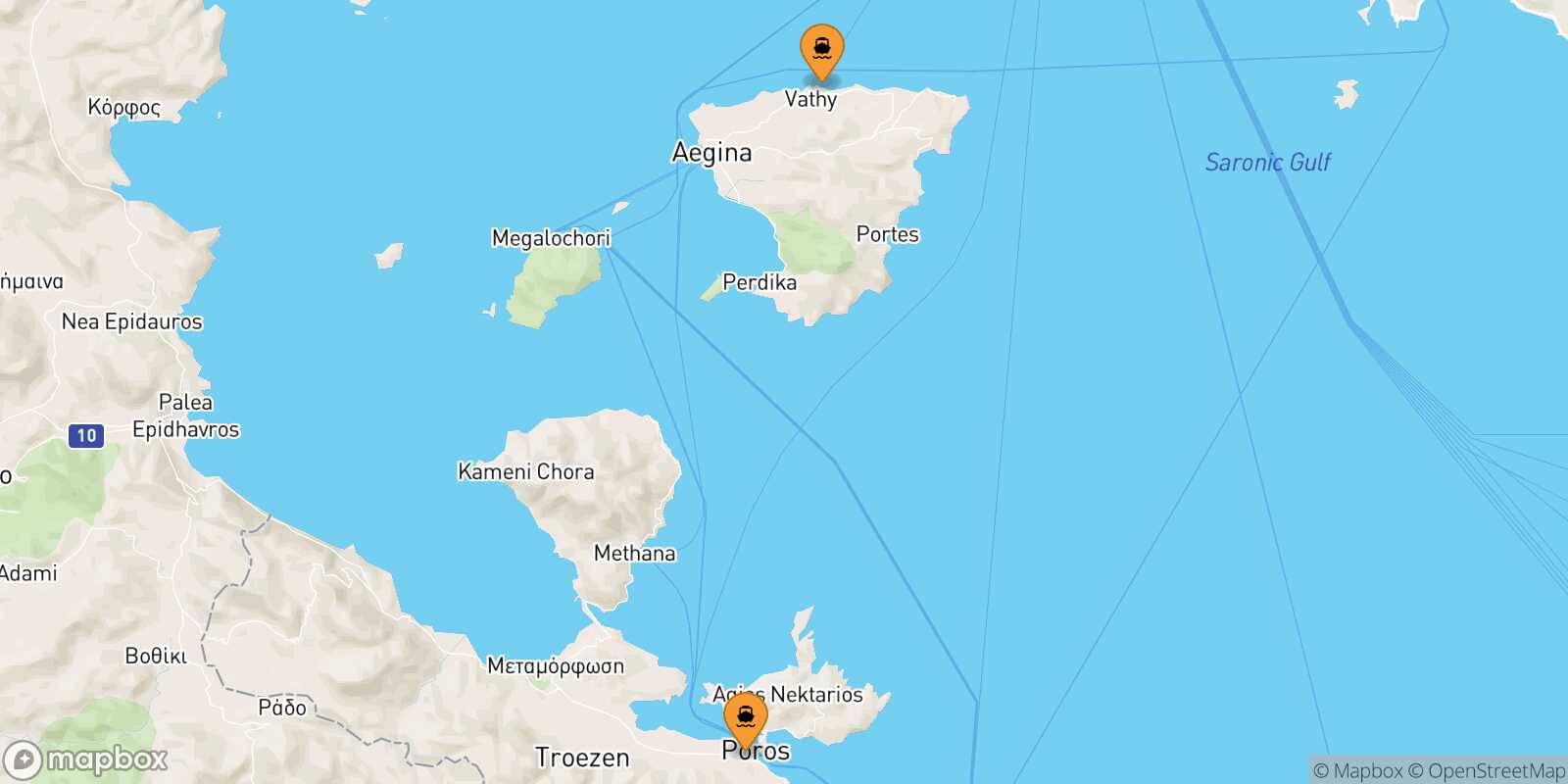 Mapa de los puertos conectados con  Agia Marina (Aegina)