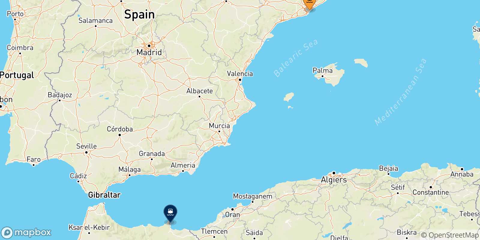 Mapa de las posibles rutas entre España y  Nador