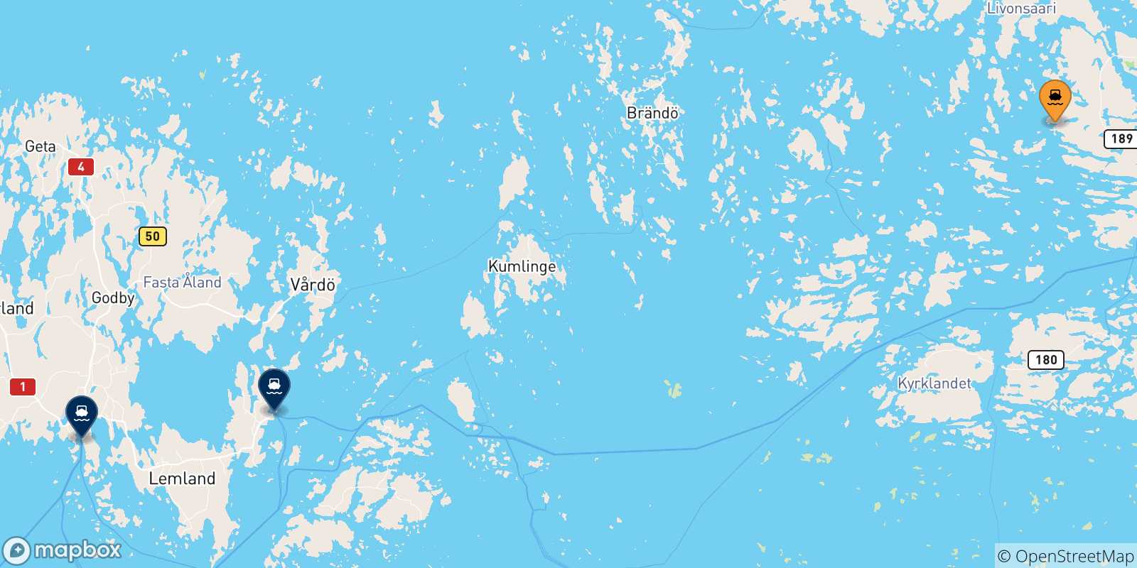 Mapa de las posibles rutas entre Turku y  Finlandia