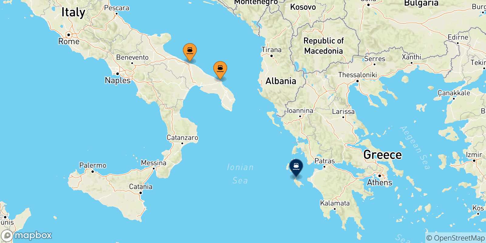 Mapa de las posibles rutas entre Italia y  Zakynthos