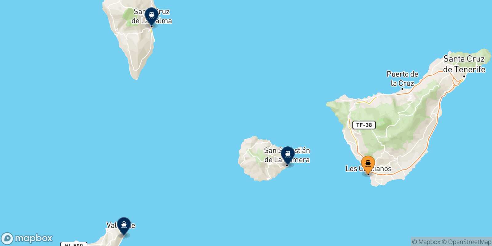 Mapa de los destinos alcanzables de Los Cristianos (Tenerife)