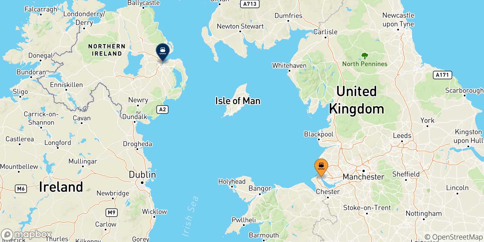 Mapa de las posibles rutas entre Liverpool Birkenhead y  Reino Unido