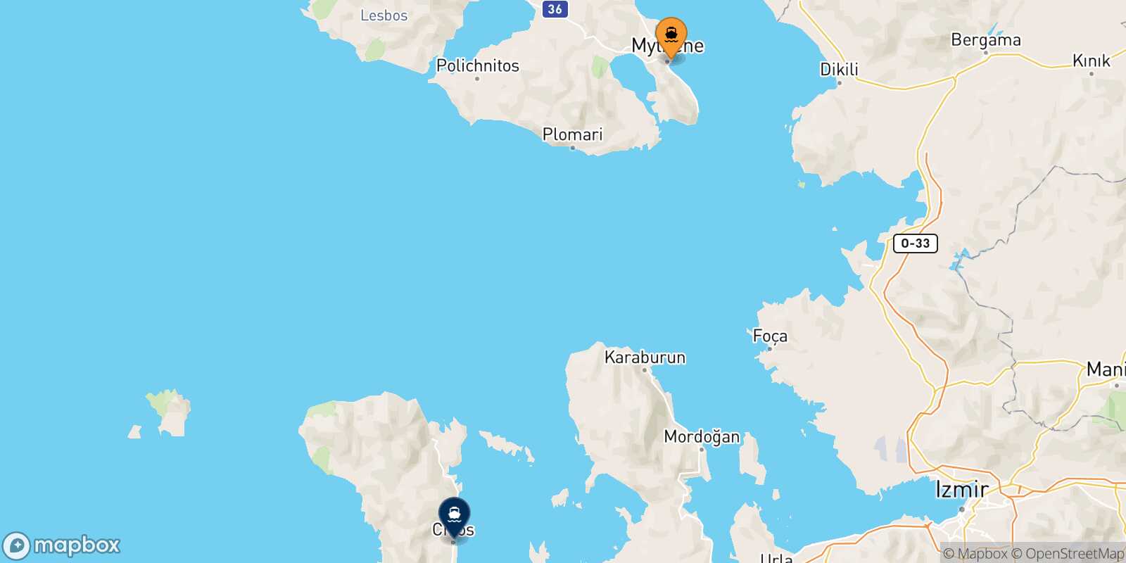 Mapa de la ruta Mytilene (Lesvos) Mesta Chios