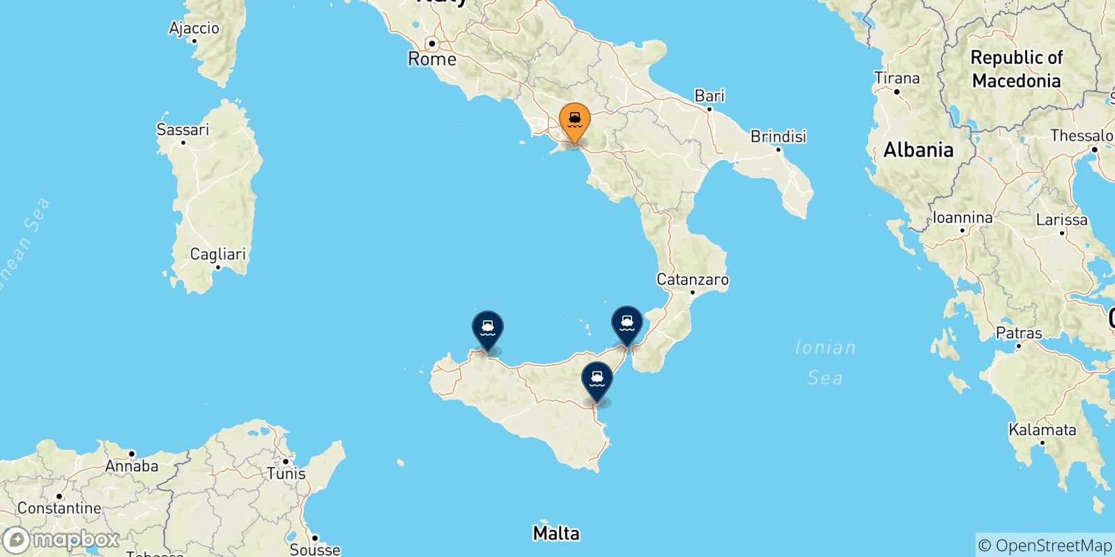 Mapa de las posibles rutas entre Salerno y  Sicilia