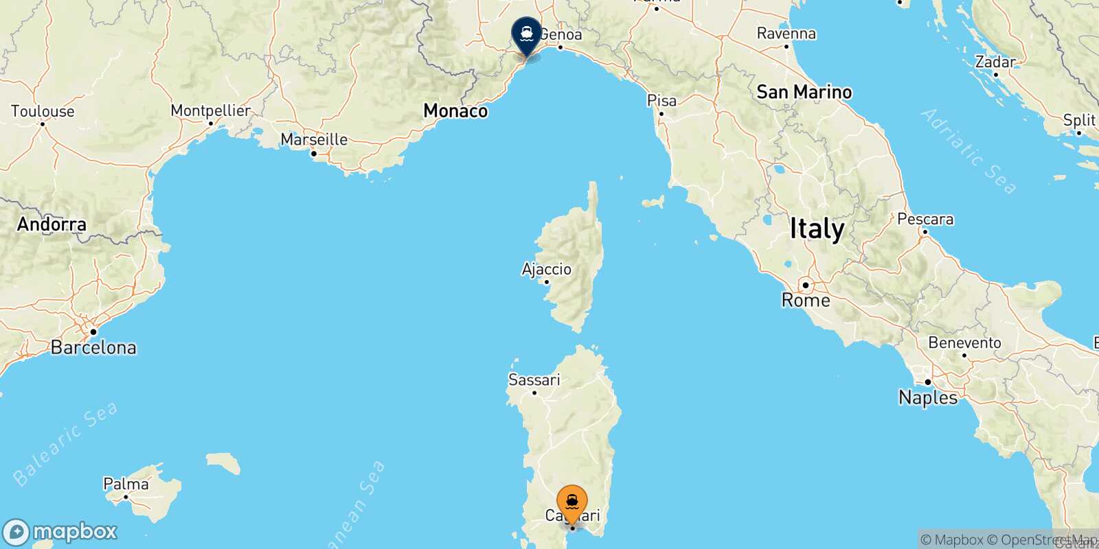 Mapa de la ruta Cagliari Savona