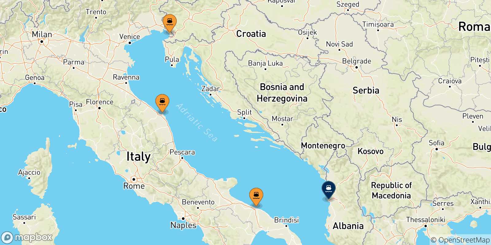 Mapa de las posibles rutas entre Italia y  Durres