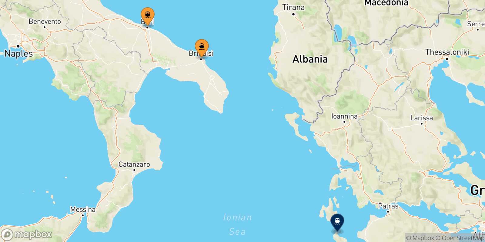 Mapa de los puertos conectados con  Zakynthos