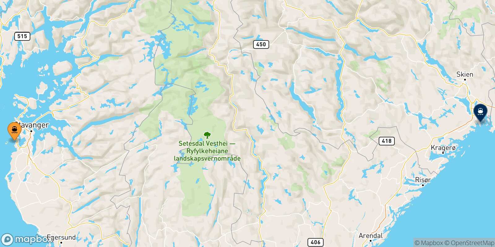 Mapa de la ruta Stavanger Langesund