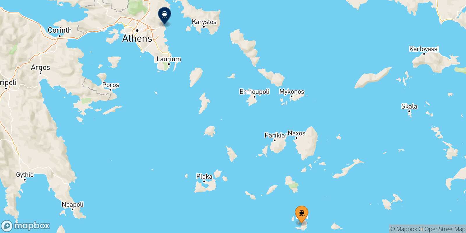 Mapa de la ruta Santorini Rafina