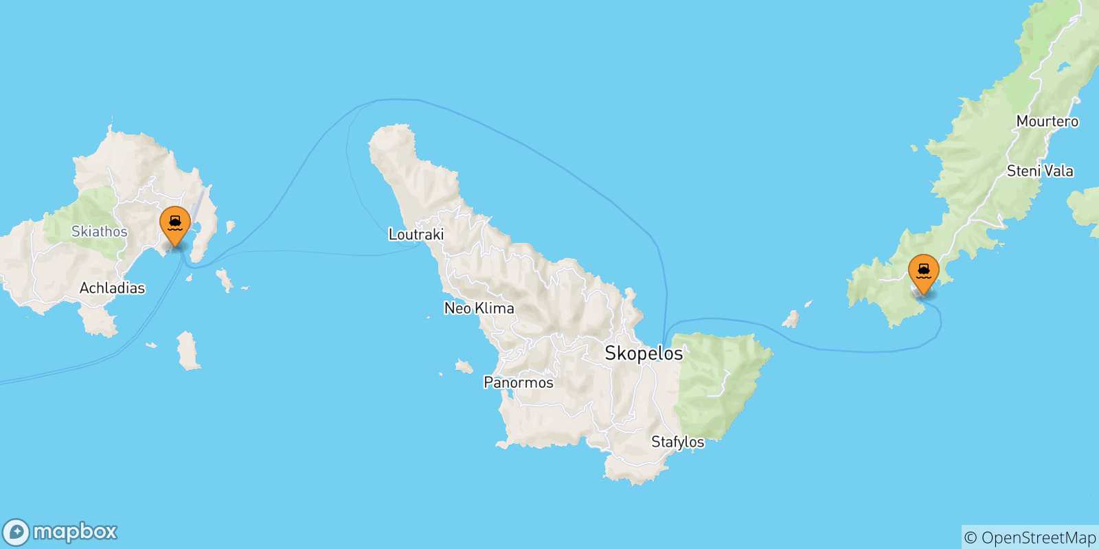 Mapa de las posibles rutas entre Islas Espóradas y  Agnontas (Skopelos)