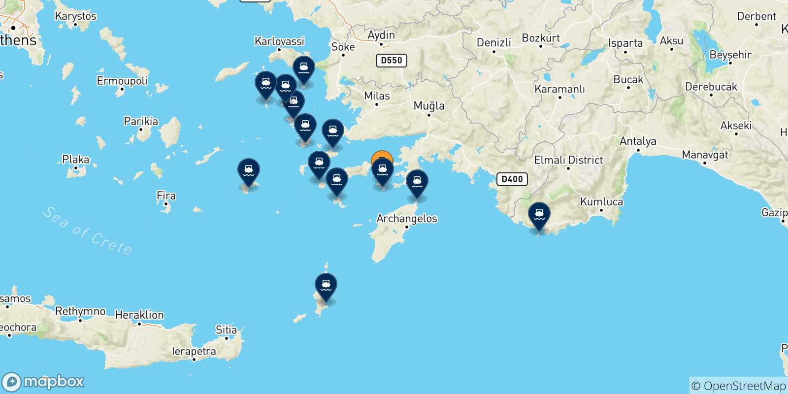 Mapa de las posibles rutas entre Symi y  Dodecaneso