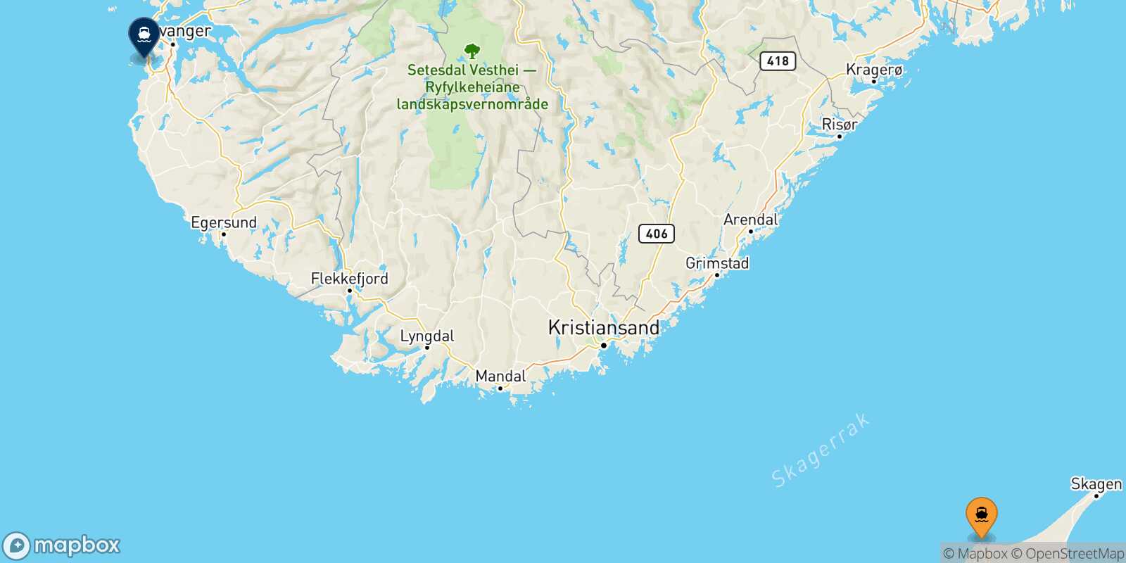 Mapa de la ruta Hirtshals Stavanger