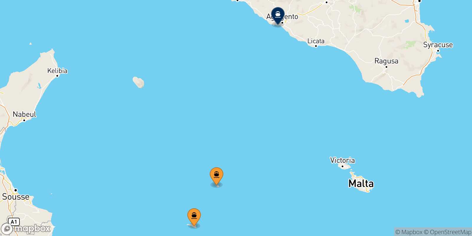 Mapa de los puertos conectados con  Porto Empedocle