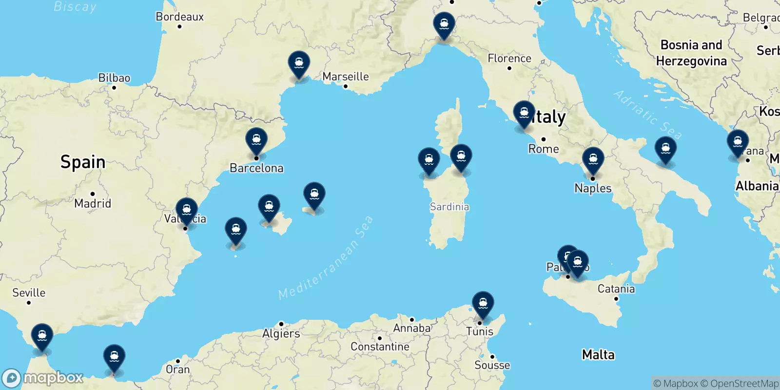 Mapa de los destinos Grandi Navi Veloci