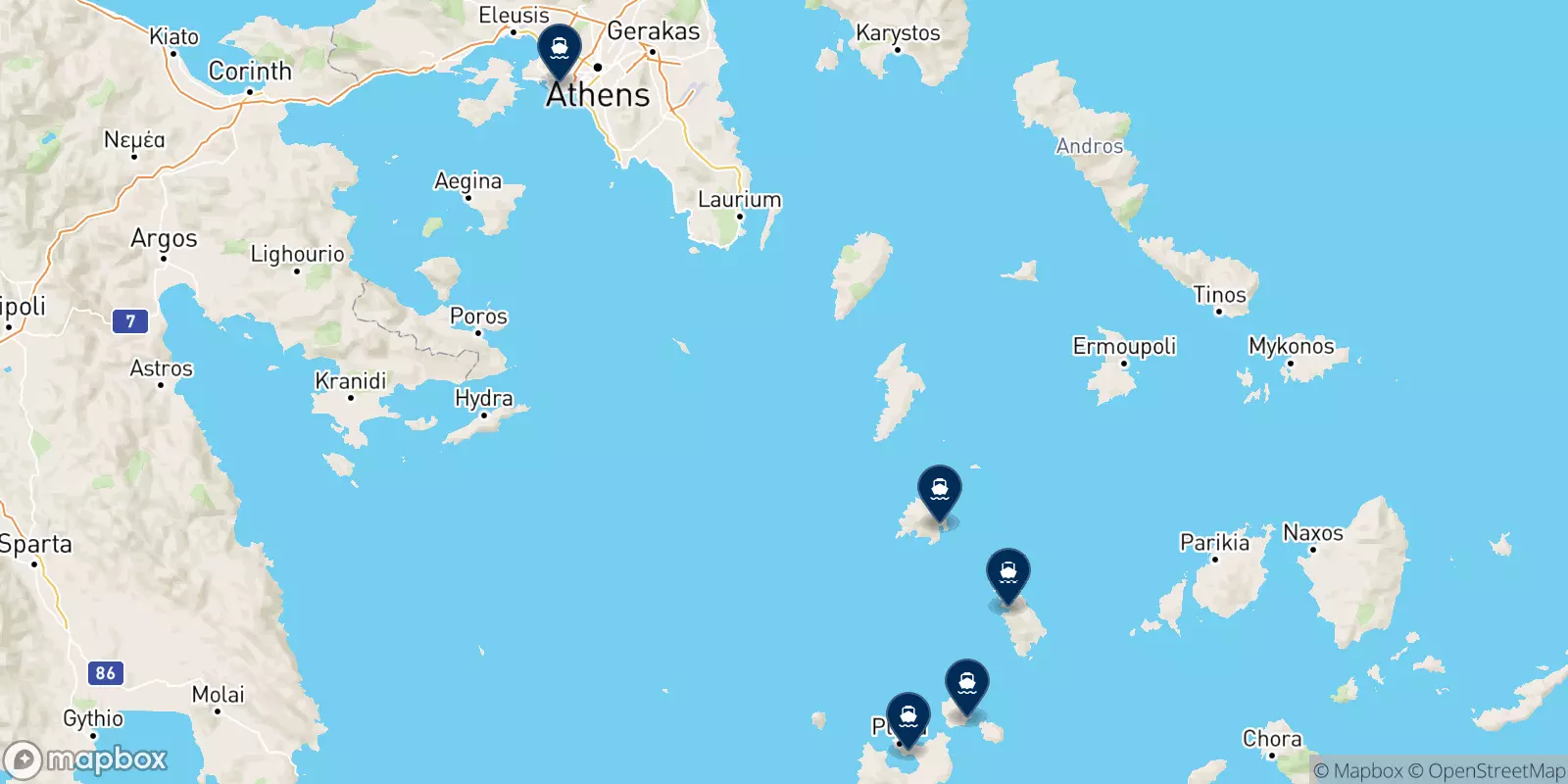 Mapa de los destinos Aegean Sea Lines